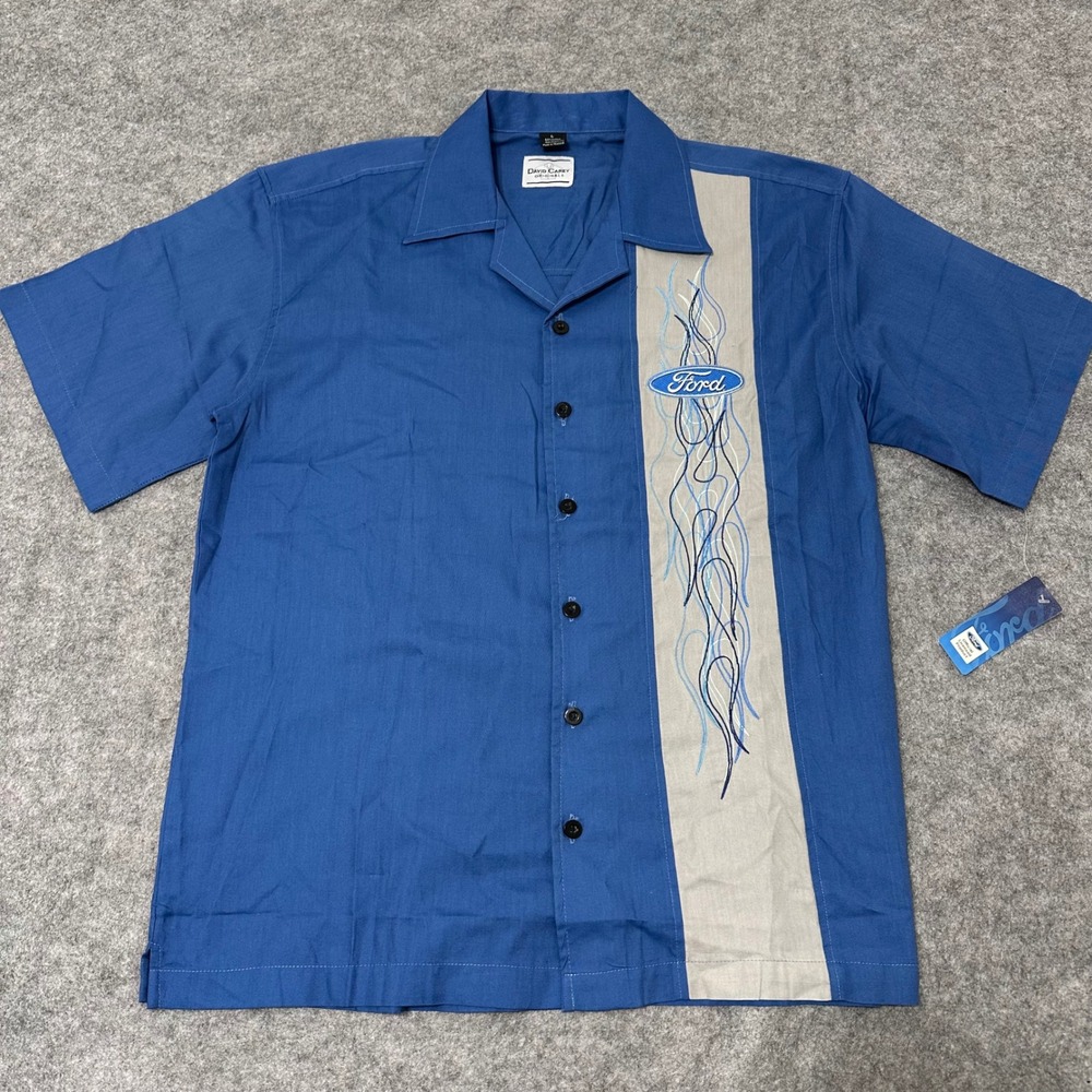 NEW David Carey Ford Button Up Shirt Mens L Blue Racing Bowling Flames Retro
